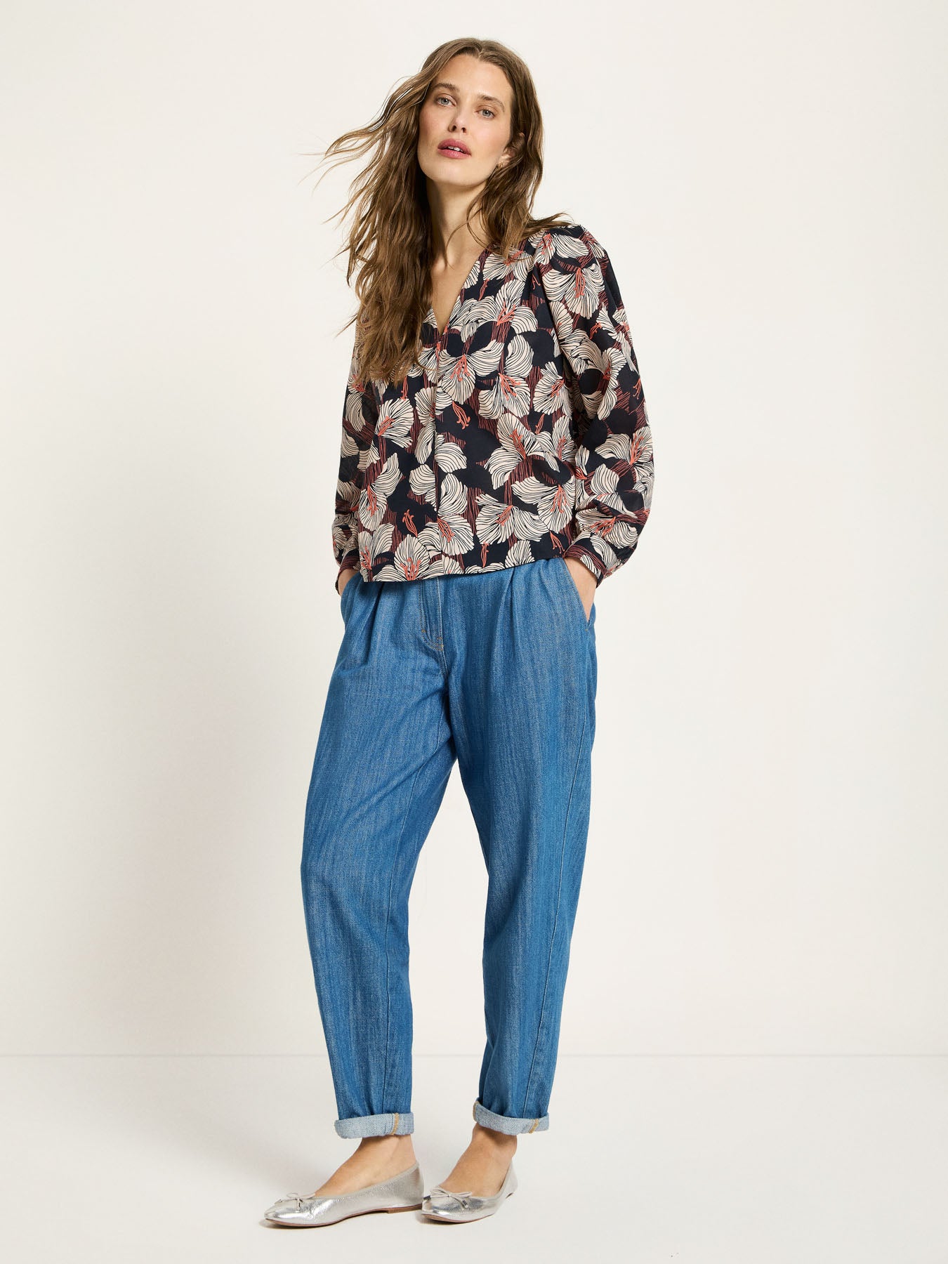 Bluse mit Kräuseln (GOTS) - Print Bloom Onyx von Lanius