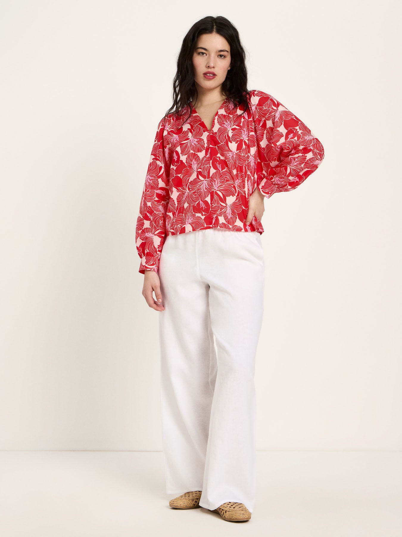 Bluse mit Kräuseln (GOTS) - Print Bloom Red von Lanius