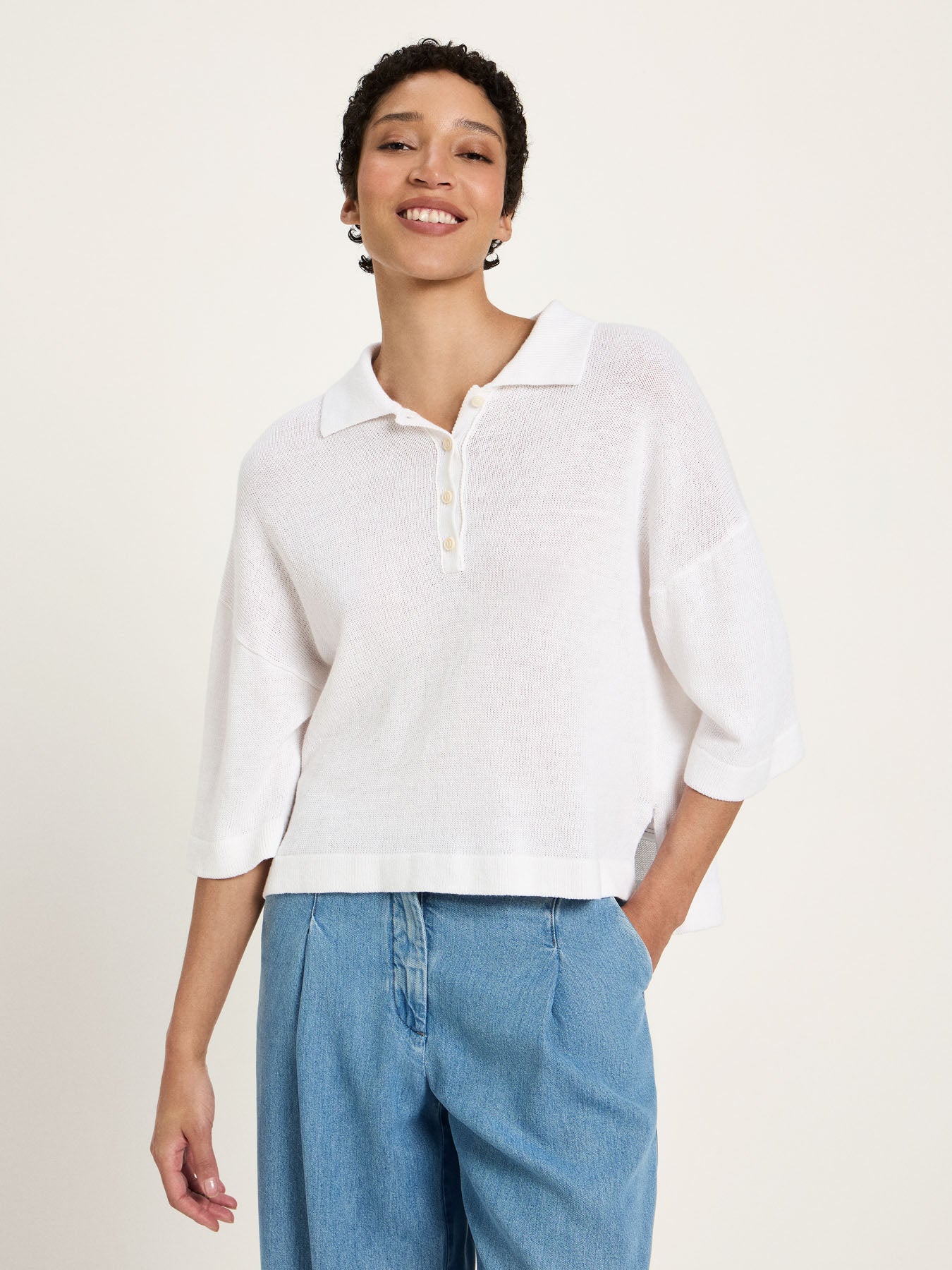 Halbarmpullover mit Polo-Kragen - Bright White von Lanius