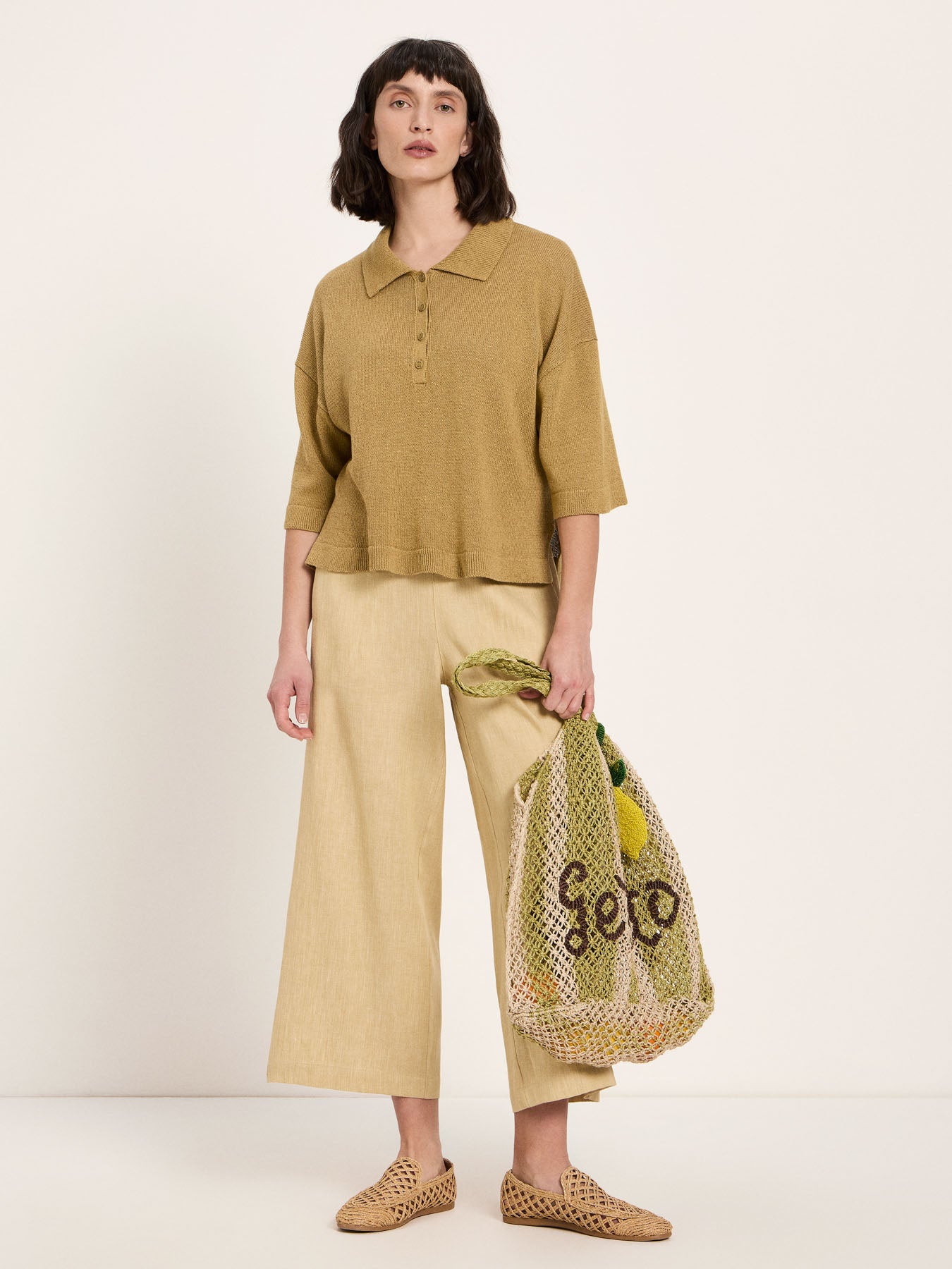 Halbarmpullover mit Polo-Kragen - Khaki von Lanius